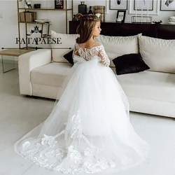 FATAPAESE-vestido branco de dama de honra para meninas, manga comprida floral, renda floral, tule, vestido para casamento, até 2022