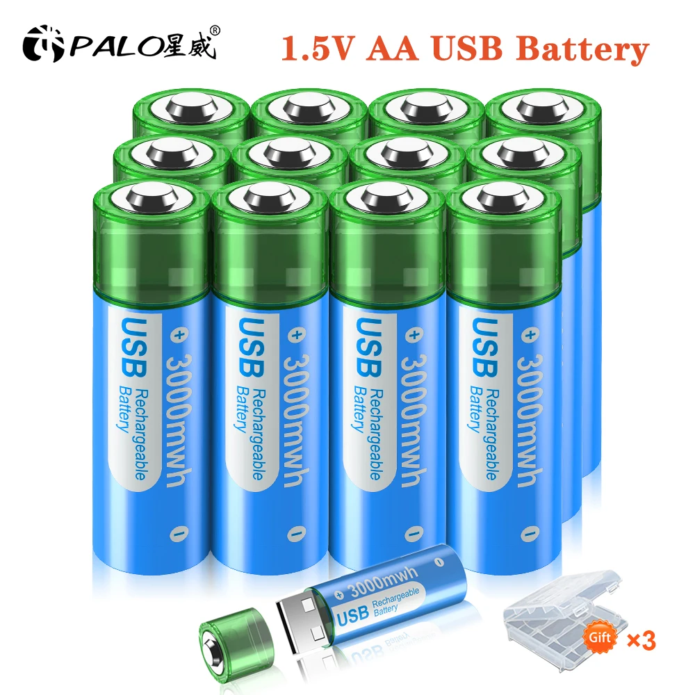 

PALO AA USB Rechargeable Li-ion Battery 1.5V AA 3000mWh Lithium Battery 2A Batteries for remote control mouse small fan toy