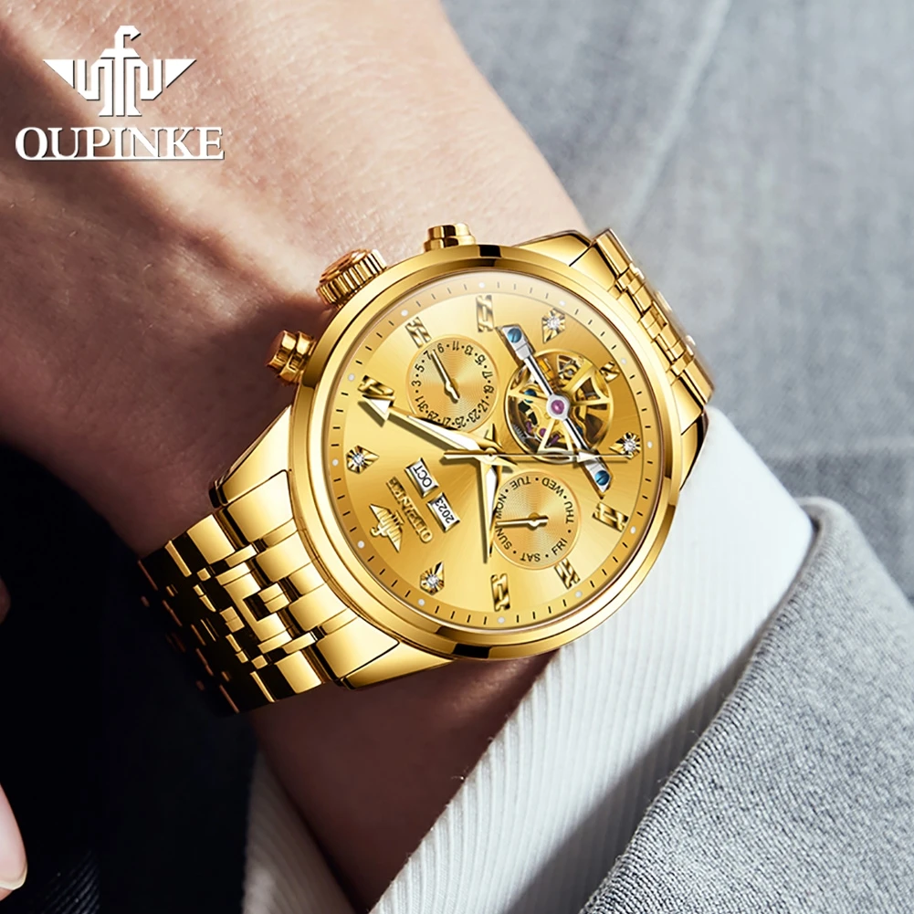 OUPINKE 3248 Men Watches Multifunctional Chronography Sapphire Crystal Automatic Mechanical Wristwatch for Men