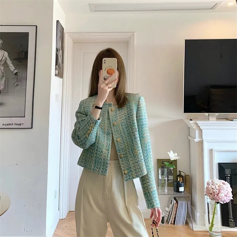 

Women's jacket Women's jackets Blouse Retro Round Neck Small fragrance Coat Women's Spring High-end Tweed Short Ladies' top