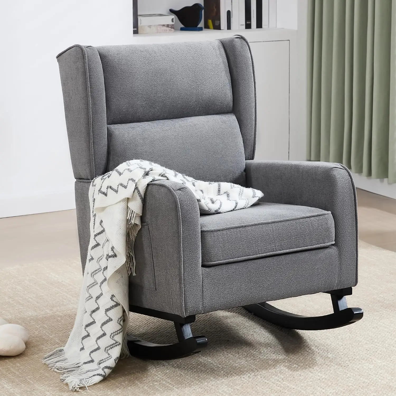 Nursery Rocking Chair Modern Wingback High Backrest Wood Legs Sherpa Reading Living Room Bedroom Grey, Customized