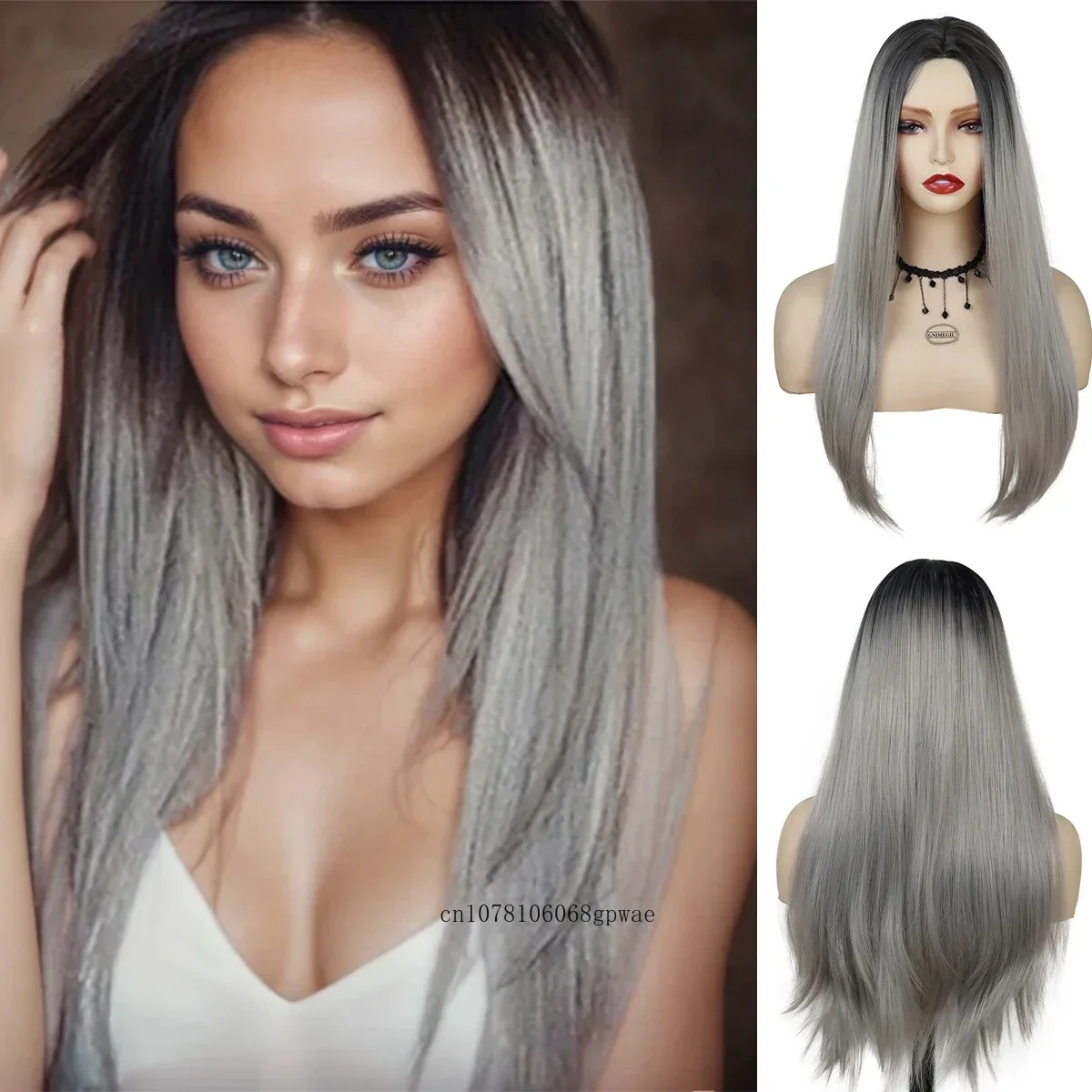 27 Inch Long Straight Synthetic Wig for Women Girls Ombre Grey Wigs Middle Parting Heat Resistant Daily Cosplay Costume Party