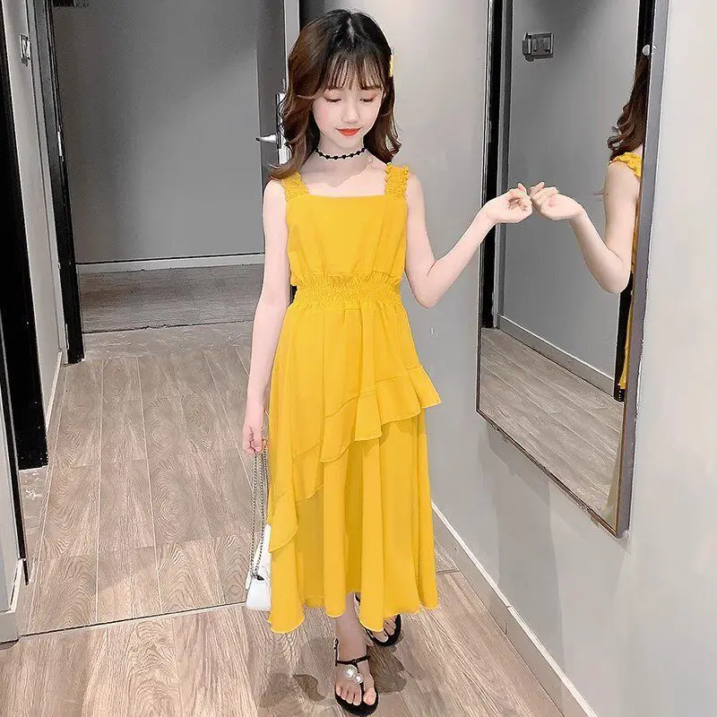 Teenager-Mädchen Sommerkleider 2026 Neu Kinder Lässiges Einfarbiges Ärmelloses Trägerkleid mit Taillengürtel Kinder Urlaubsstil Prinzessinnenkleid – Detail 4