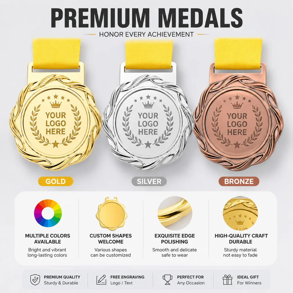 Free Custom Metal Award Medal Gold Silver Bronze With Ribbon Engrave Logo for Sport Competition Tournament Winner Souvenir Prize