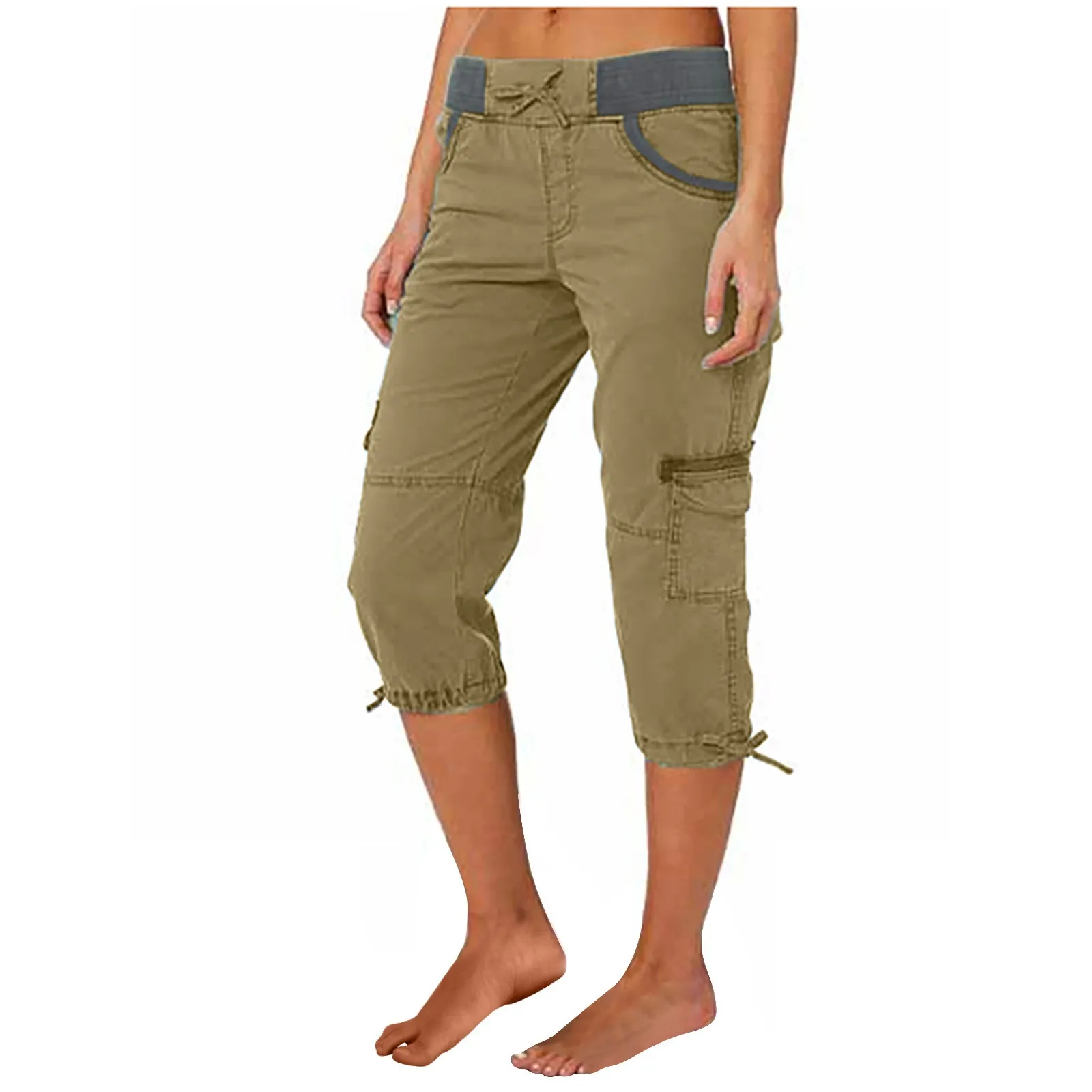 2026 Women's Summer Casual High Waist Drawstring Pocket Workwear Pants Solid Loose Wide Leg Extendable Cuffs 7-inch Pants Female
