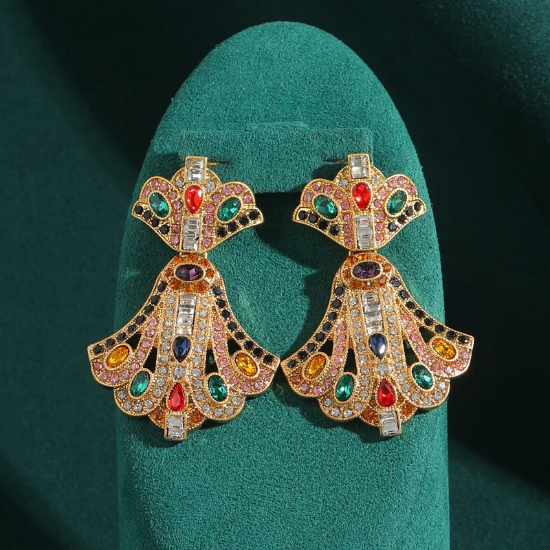 

Women Antique Palace Drop Earrings Gold Color Colorful Crystal Flower Vintage Luxury Dubai Jewelry Party Accessories Designer