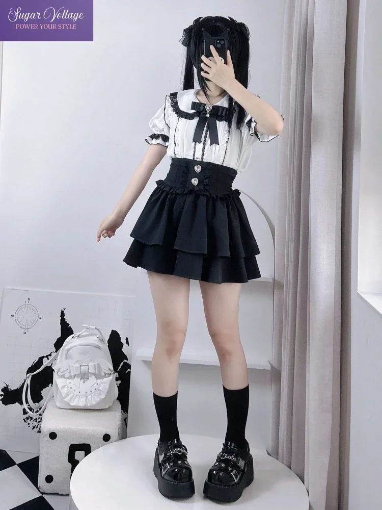 اليابانية لطيف الحلو Y2k لوليتا كعكة تنورة المرأة هايت الخصر حجر الراين منقوشة تكدرت الطبقات التنانير Kawaii ألف خط التنانير الصغيرة #3