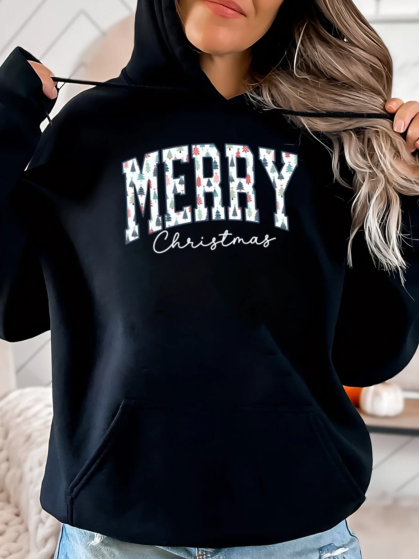 

Толстовка с капюшоном с рождественским принтом, праздничная толстовка, женская повседневная одежда, черная, больших размеров