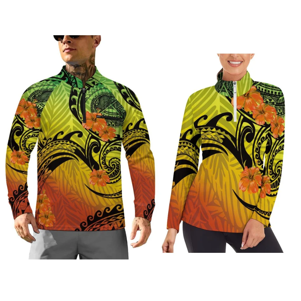 Polynesian-Style Printed Long-Sleeved Sports Tops For Autumn And Winter Customizable Sports Couple Outfits