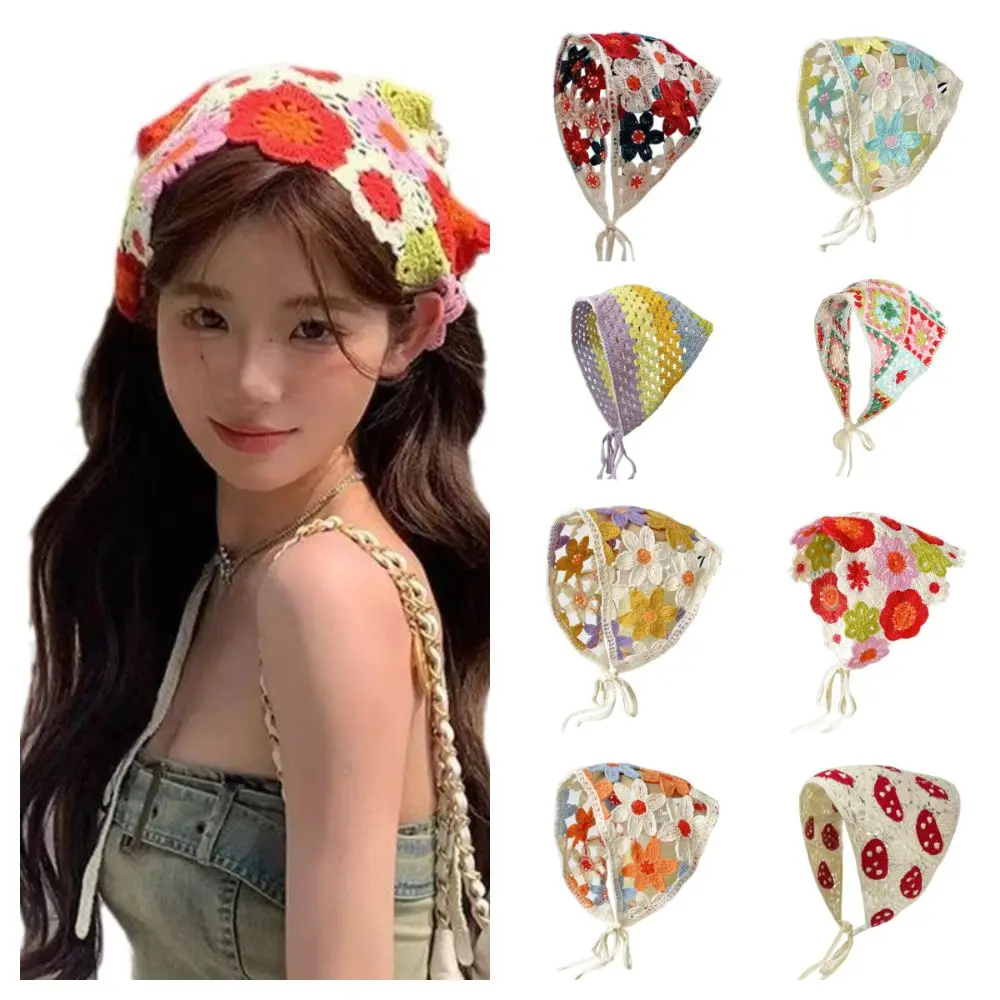 Multicolor Knitting Flower Headband Pastoral Style French Retro Triangular Turban Scarf Hair Accessories Spring Outing Hair Band