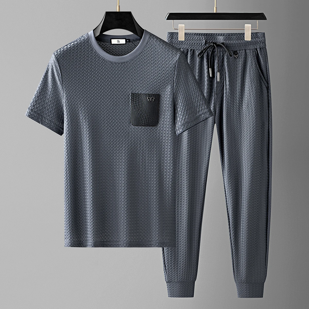 

Summer High-End Ice Silk Two-Piece Set Smooth Anti-Wrinkle Men's Slim Fit ort Sve Sport Casual Suit Nylon Spandex Blend