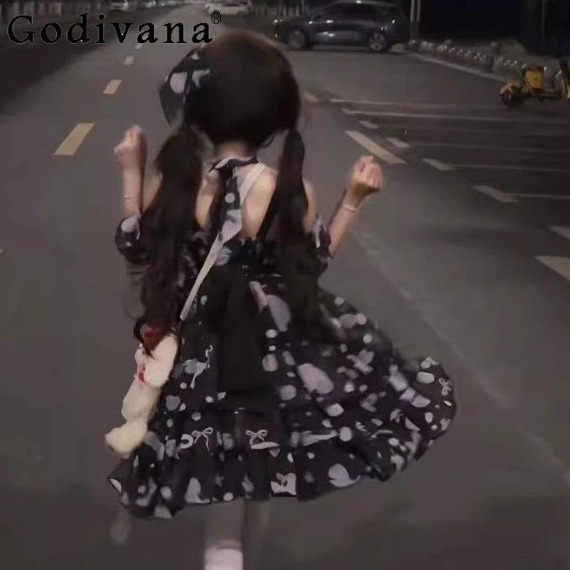Abito Lolita per ragazza dolce giapponese Abbigliamento quotidiano Abito corto per appuntamento nero Abito carino con fiocco a maniche corte per cosplay da donna