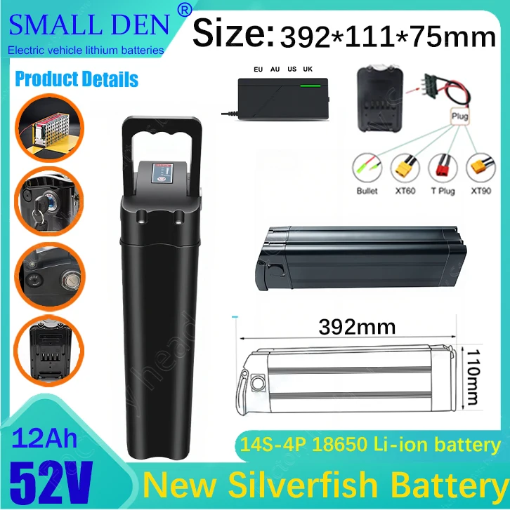 

NEW 52V 12Ah Battery 18650 14S-4P Lithium Rechargeable Battery Built-in BMS for Silver fish 250W-1500W Motor Kit with+3ACharger.