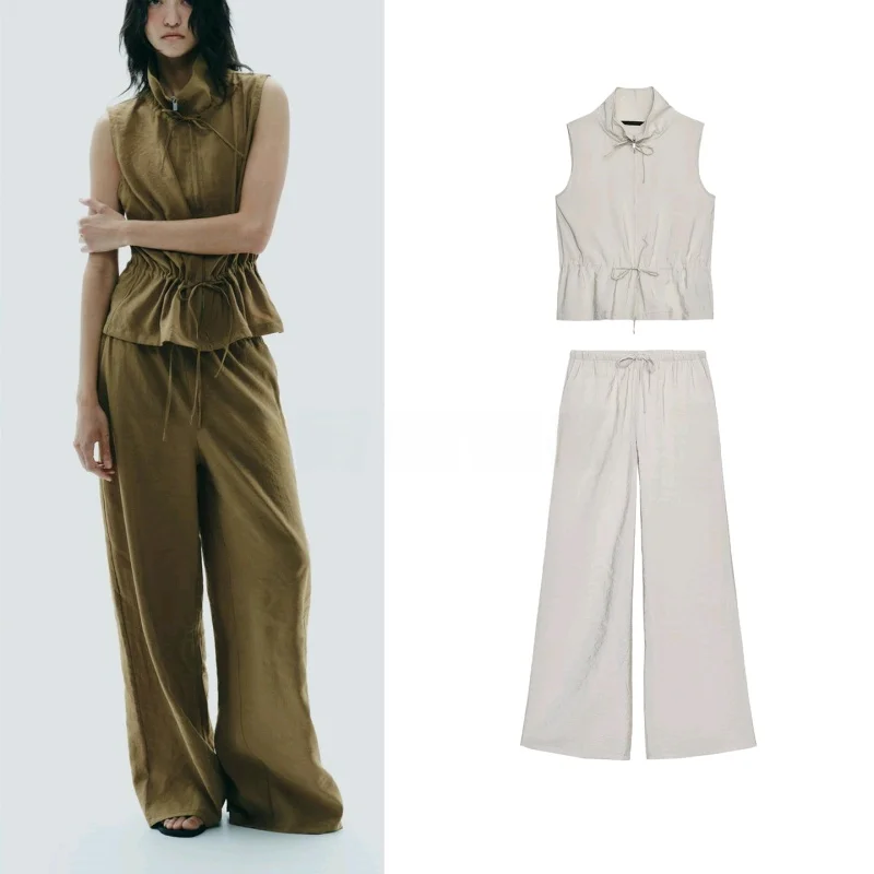 Conjunto de Moda Fena de Verão com Colete Sem Mangas de Gola Alta Ajustável e Calças de Cintura Alta com Pernas Largas
