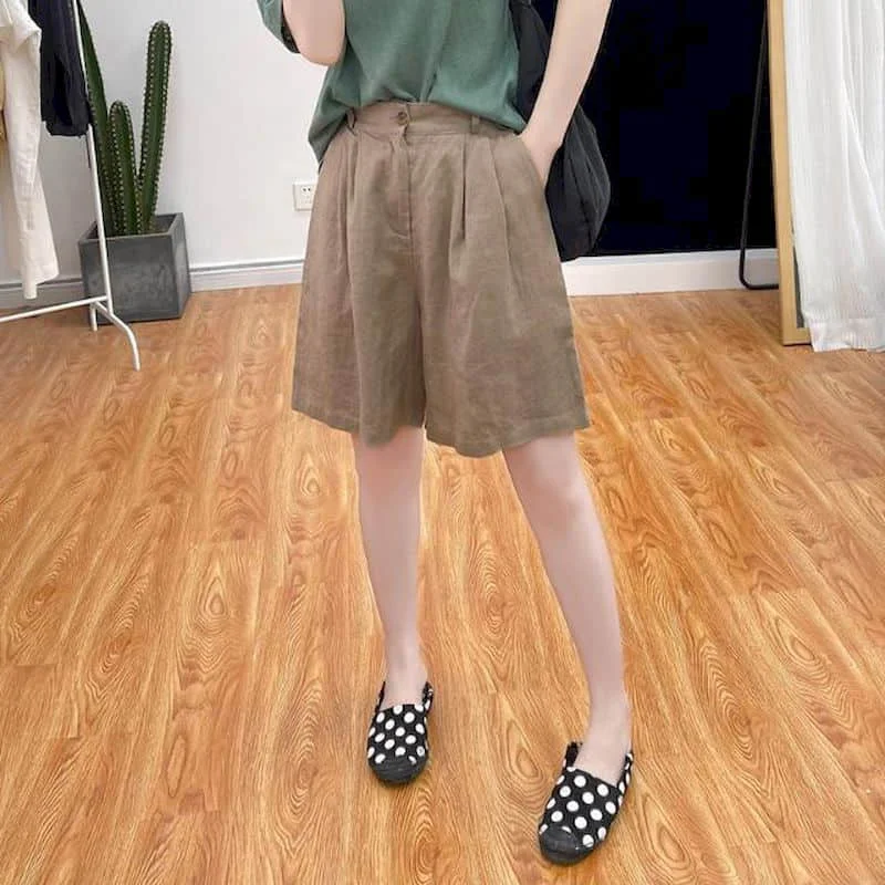 Solid Shorts Women Summer Casual Cotton Linen Straight Short Pants Korean Style Elastic Waist Five-point Trousers Women Clothing