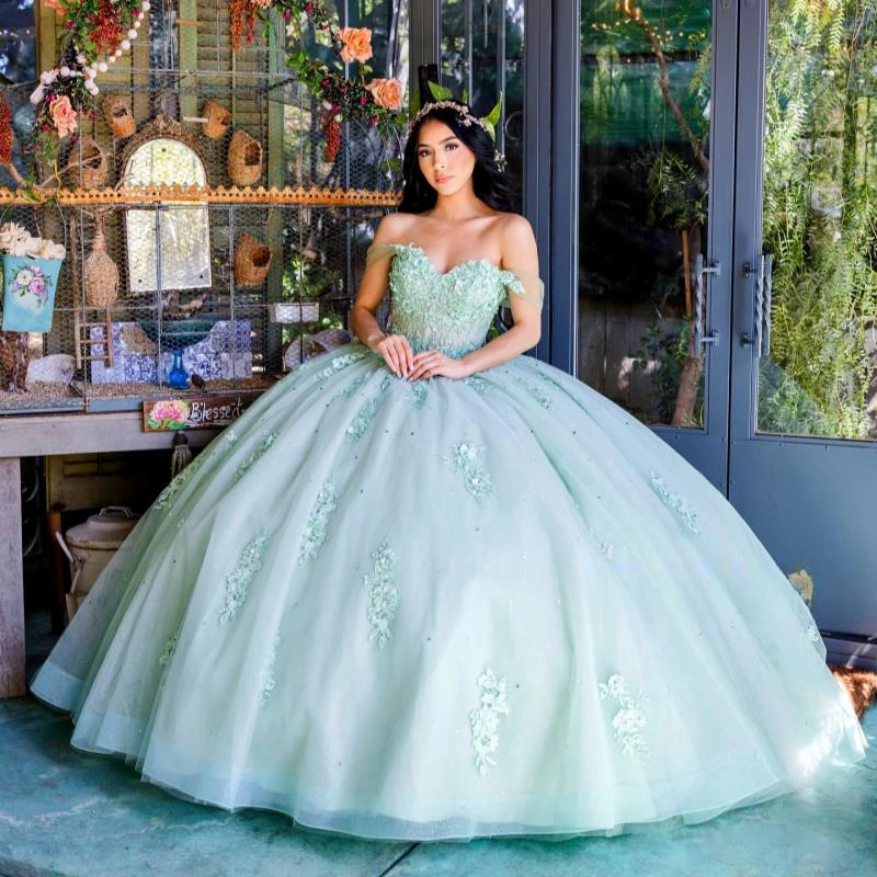 

Light Green Glitter Ball Gown Quinceanera Dresses Vestidos De 15 Anos Applique Lace Beads Tulle Princess Birthday Party Gowns