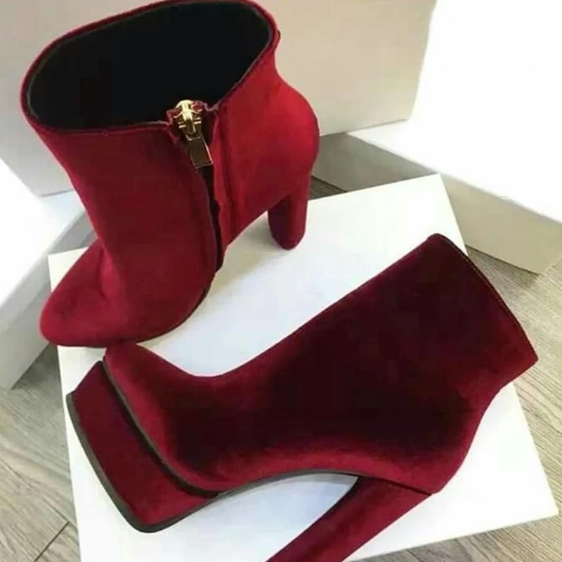 Burgundy Velvet High Platform Ankle Boots Round Toe Stretch Fabric Chunky Heels Women Short Booties Plus Size 46