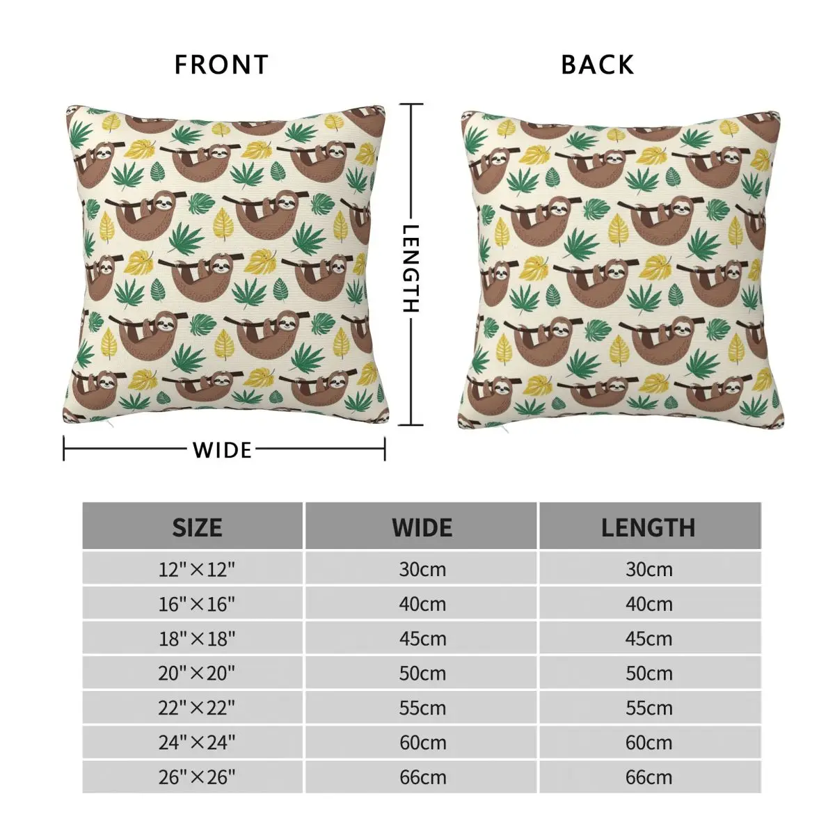 Cute Sloth Slow Peace Square Pillowcase Polyester Linen Velvet Printed Zip Decorative Room Cushion Case