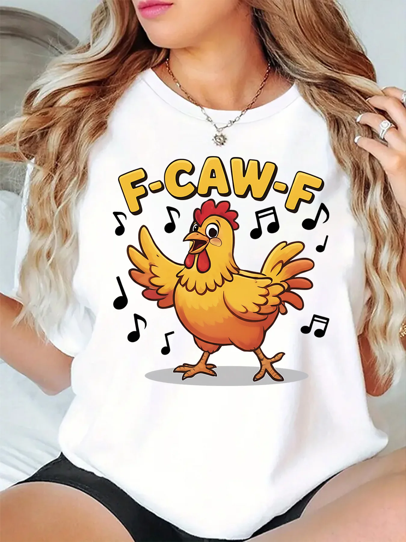 Humor Womens T Shirt Cute Singing Chicken F Caw F Musical Note Fun Farm Animal Print O Neck Short Sleeve Casual Daily Tops