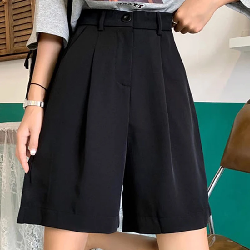 Women's Black High Waist Suit Cropped Pants Loose Slimming Summer Dress Wide Leg Shorts Trendy
