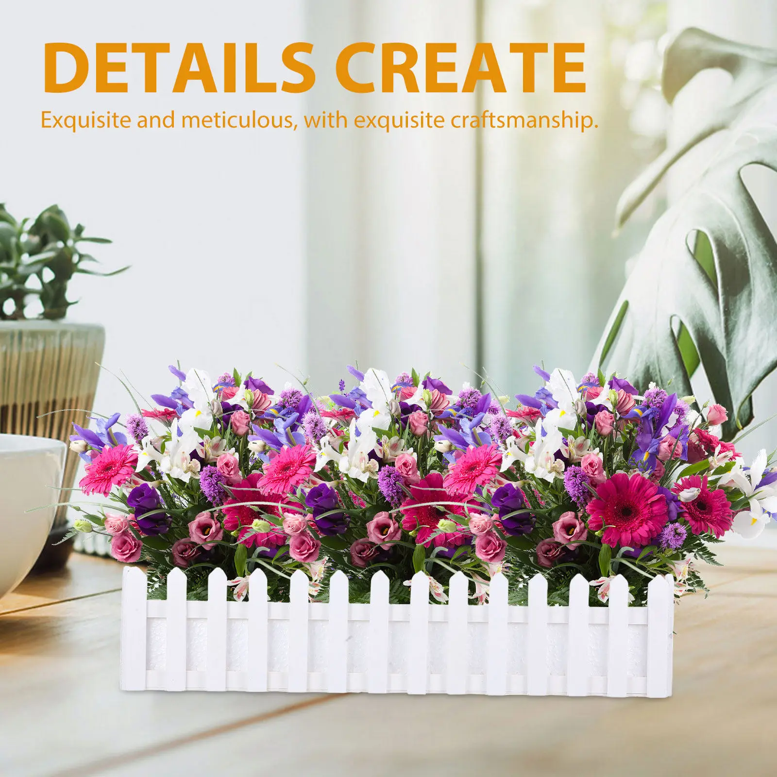 Wooden Picket Fence Flower Pot Rectangle Window Box Plant Container Foam Insert Artificial Flowers Planter Rectangle Flower Pot