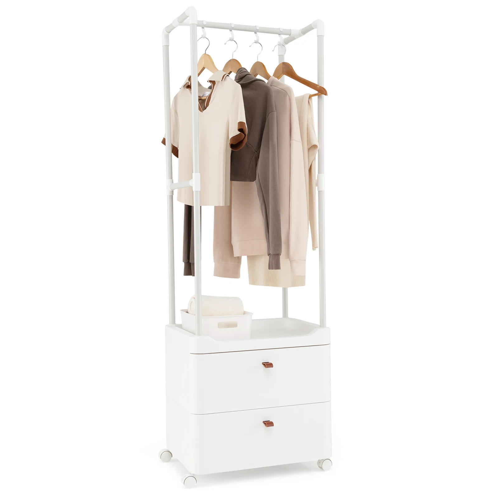 Perchero con 2 Cajones, Organizador de Ropa con 4 Ganchos Extraíbles, Estantes de Almacenamiento y 4 Ruedas Universales, Perchero de Metal y Plástico, 52 x 40 x 161 cm, para Entrada, Vestidor