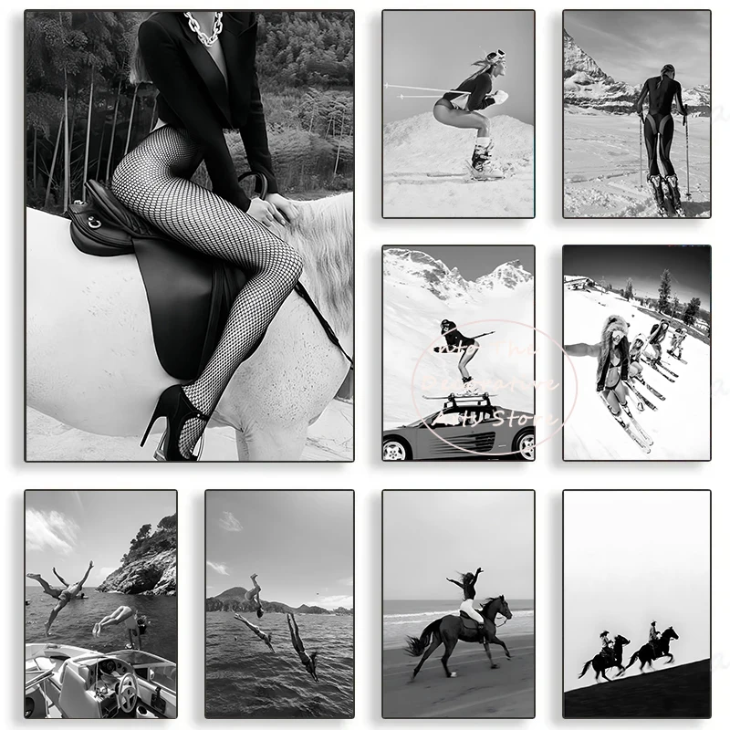 Black White Rich District Financial Freedom Skiing Cruise Ship Horseback RidingFashion Poster Canvas Painting Wall Picture Decor