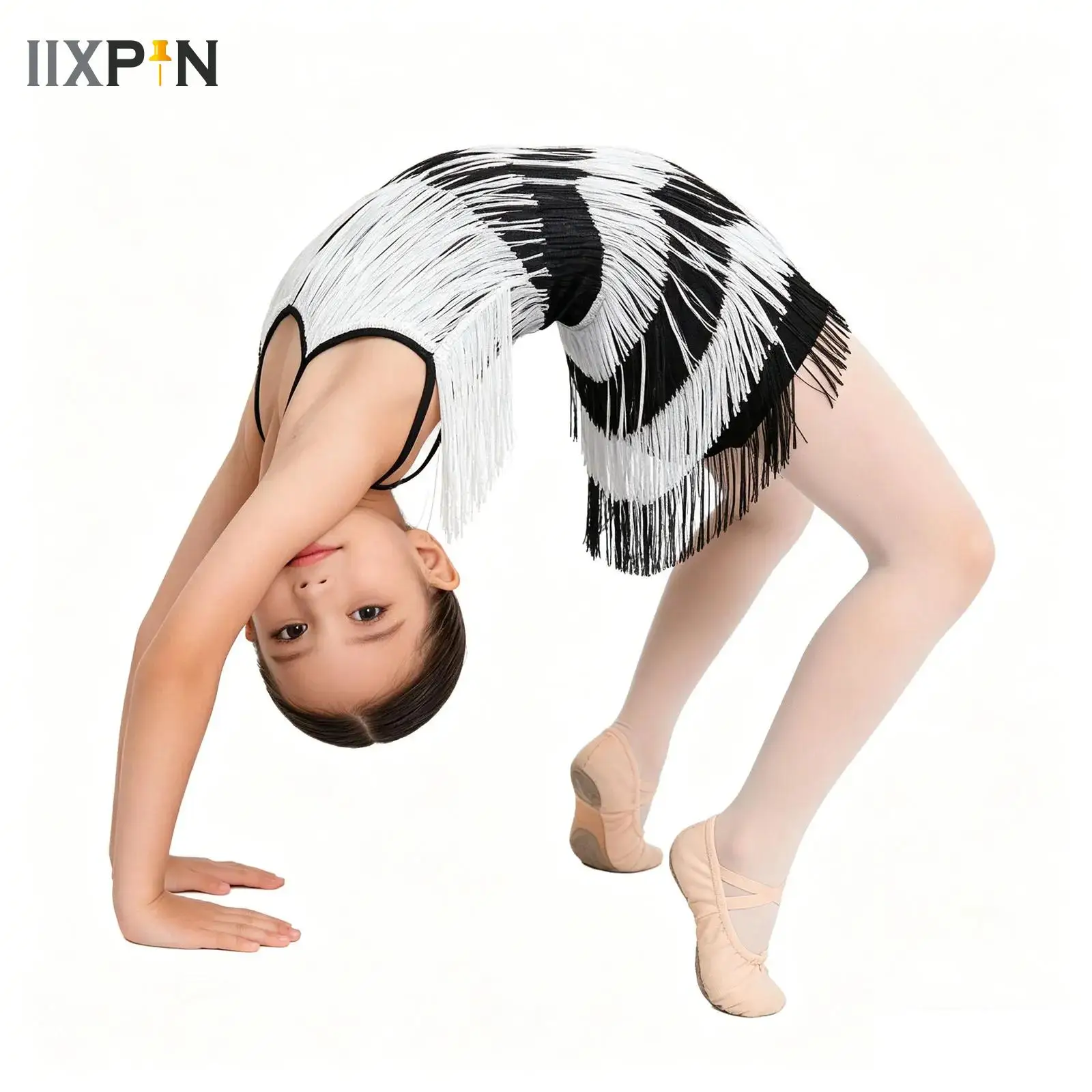

Cha-cha Salsa Latin Ballet Dance Costume Adjustable Straps Color Block Tassels Jumpsuit Leotard Kids Girls Practice Dancewear