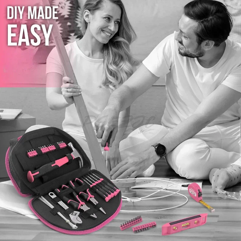 63-Piece Pink Tool Set for Women, Portable DIY Home Repair Kit