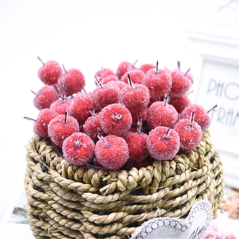 30Pcs 2cm Artificial Mini Apple Fake Fruit Glass Berries Pomegranate Red Cherry Bouquet Stamen Christmas Decorative