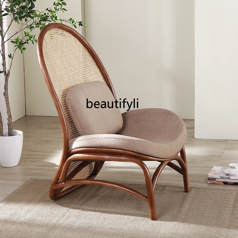 Nordic rattan, creative solid wood sofa chair, home living room single recliner, casual backrest fabric rattan chair