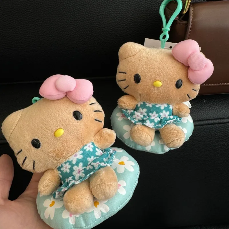 

Hawaiian Bikini Black Leather Swimming Ring Hellokitty Girl Bag Pendant Sanrios Cartoon Floral Plush Doll Keychain Hanging Gift