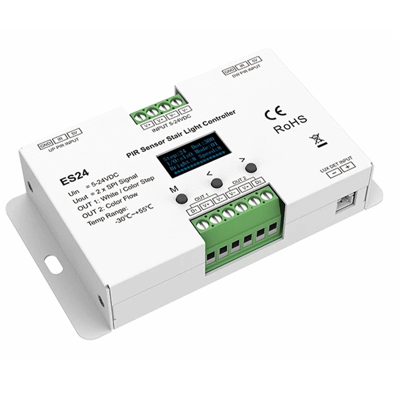 5-24VDC PIR Sensor 24 Steps Stair Light Controller ES24 24CH Single Color RGB Pixel SPI Stairway Light Led Controller