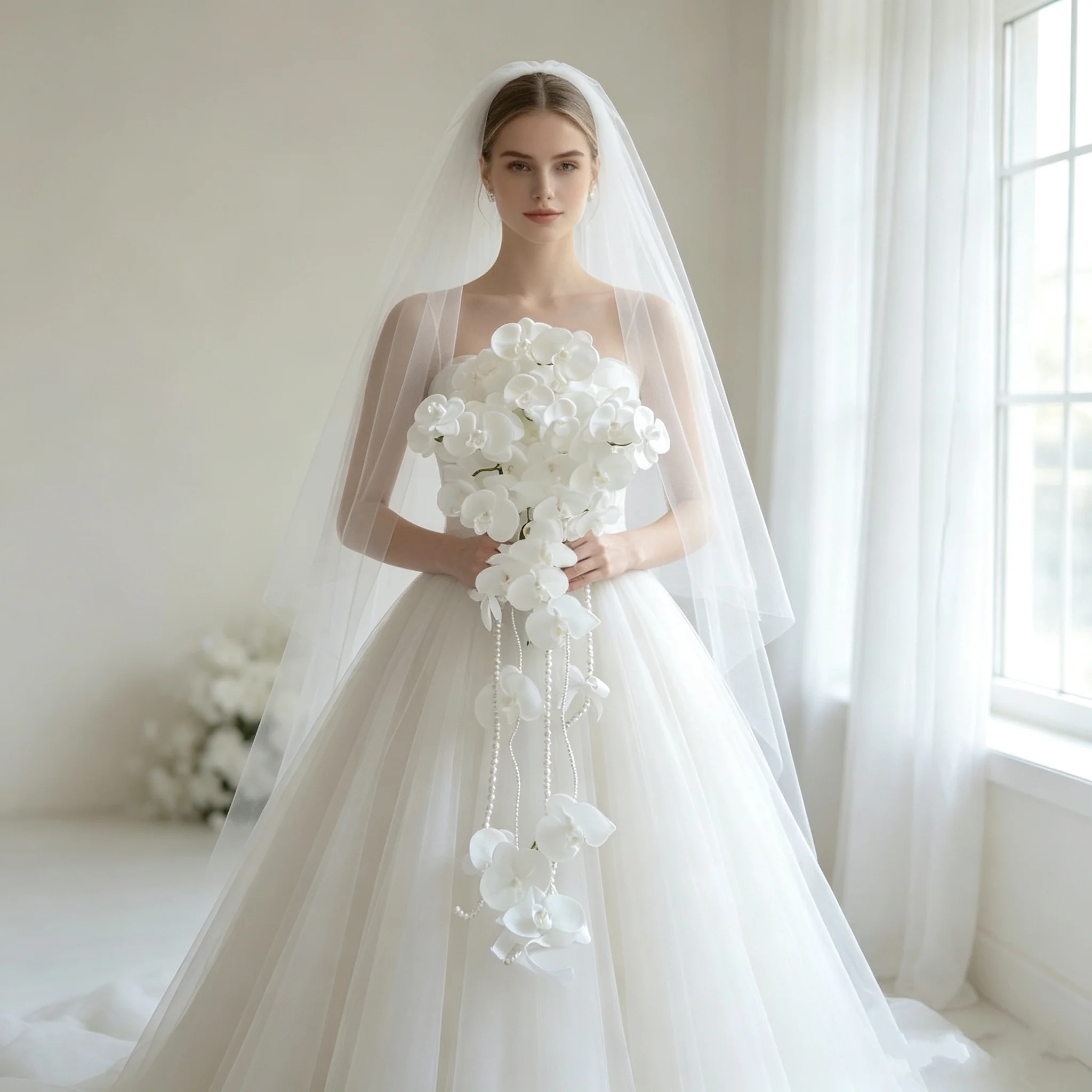 PEORCHID Artificial White Orchid Cascading Wedding Bouquet Bride Luxury Faux Bridal Flowers Bouquet Vintage Buque De Noiva