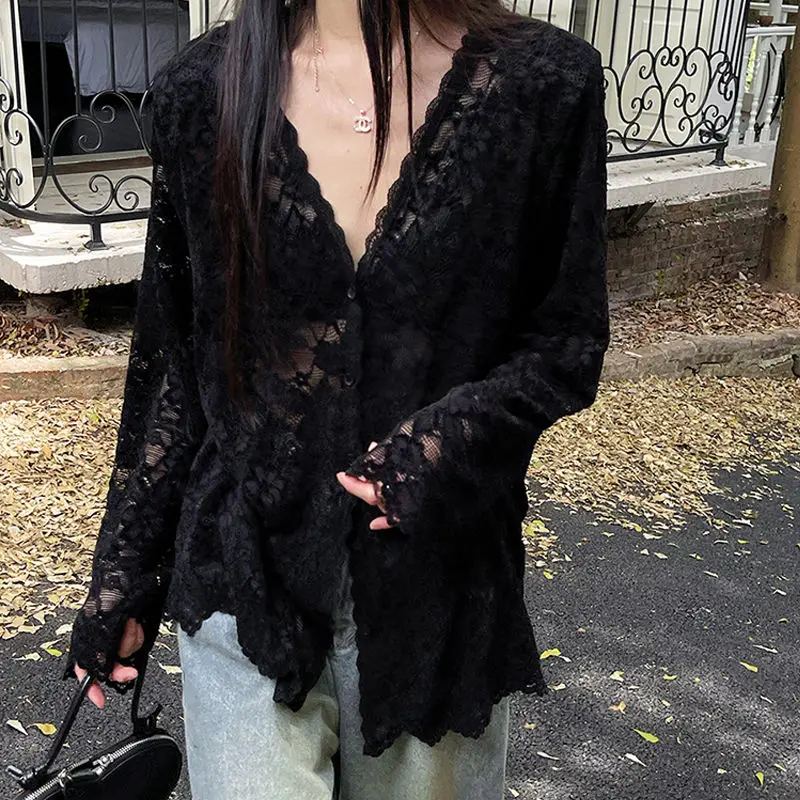Chic Hollow Out Lace Jacket Women Bottom Shirt Summer Autumn Inner High End Layering Long Sleeve Shirt Sweet Spicy Tops V-neck - Image 5
