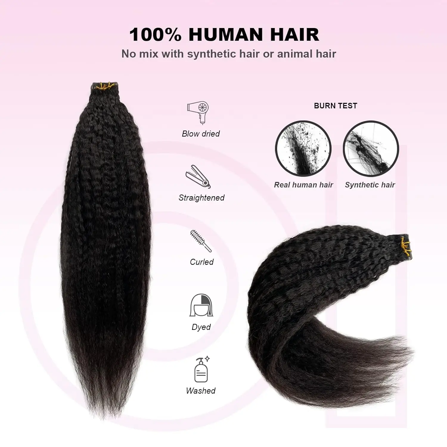 24 26 Inch Kinky Straight Tape In Extensions Brazilian 100% Human Hair 50G/20Pcs Natural Black Seamless Full Head Yaki Tape ins