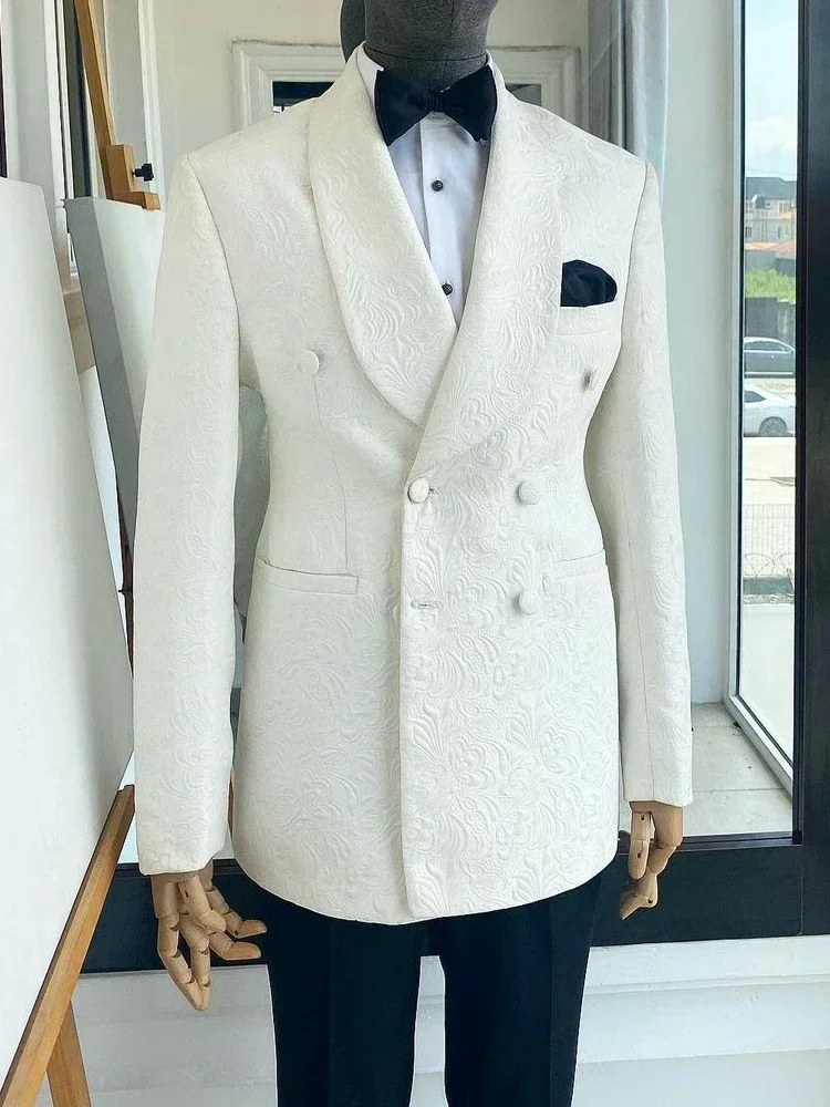 Floral Wedding Suits For Men Double Breasted Groom Tuxedo 2 Pcs Custom Fashion Slim Fit Jacket Pants (Blazer + Trousers)