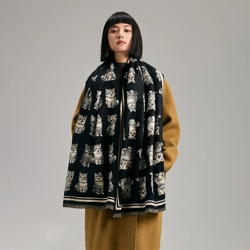 

2024Winter New Cashmere Scarf Pashmina Shawls Luxury Brand Cat Print Women Warm Blanket Wraps Female Foulard Thick Hijab Stoles