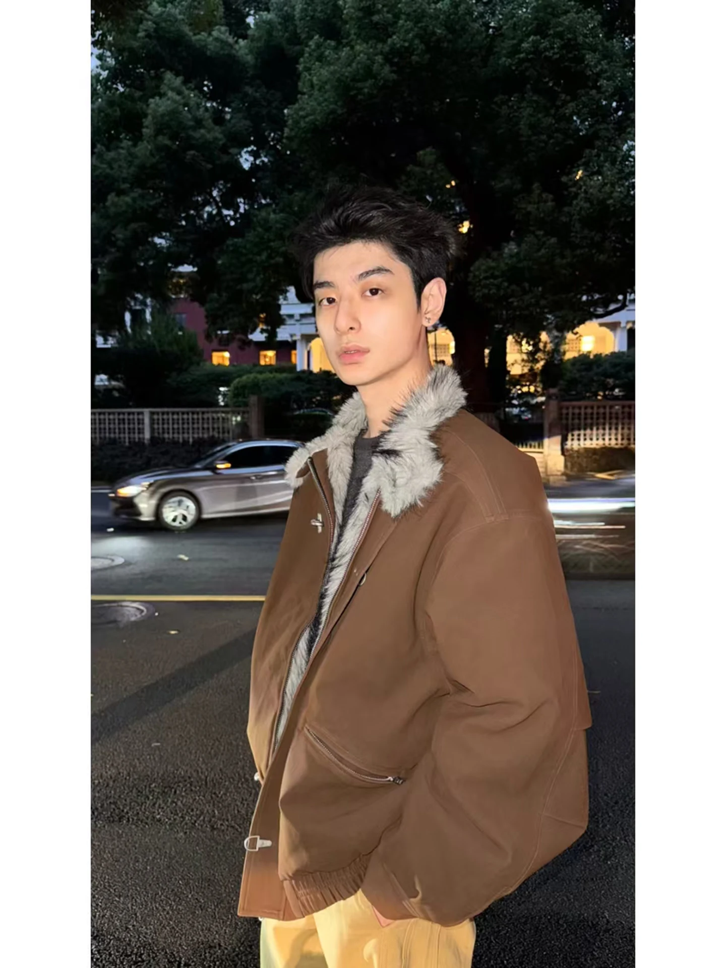 Men's Thickened Retro American Style Jacket Coat with Fake  Fur Collar And Zipper  Mountain Eagle Design Winter Cott...