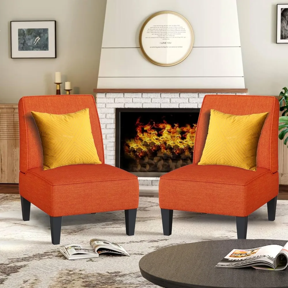 

pair of upholstered accent chairs for living room and bedroom with curved backrests and wooden legs