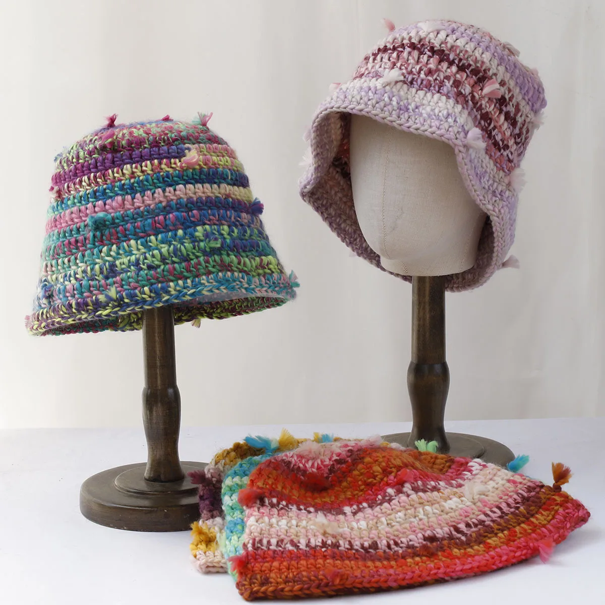 Japanese Retro Color-blocked Striped Woolen Bucket Hat Women Korean Hollow-out Colorful Striped Hand-knitted Bucket Cap for Men