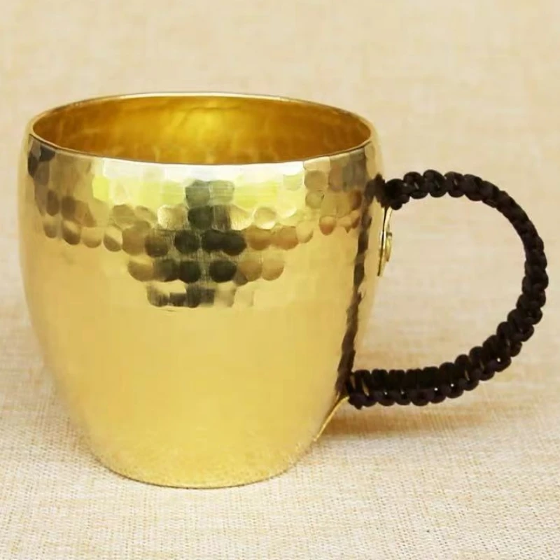 

Handcrafted Vintage Brass Coffee Cup,Engraving Hammer Texture Drinking Milk Tea Beer Beverage Mug,Woven Handle Tea Cup Tableware