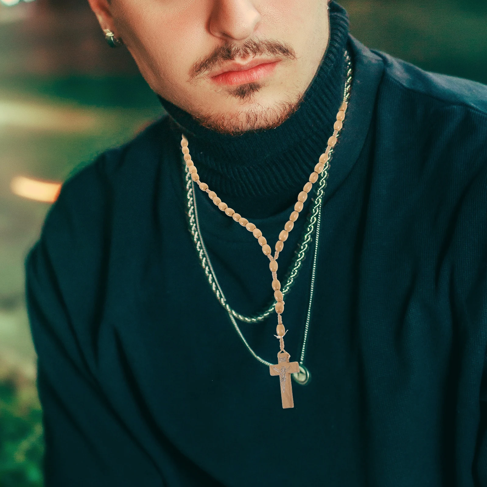 

Wooden Cross Pendant Necklace Beaded Jewelry for Men Women Prayer Rosary Chain Natural Wood Color Wooden Beads Necklace