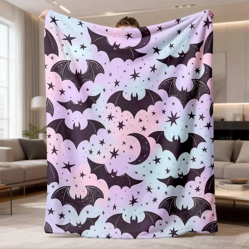 Pastel Gradient Bat Star Moon Flannel Blanket Gothic Halloween Style Soft Blanket For Bedroom Sofa Home Decor Blanket