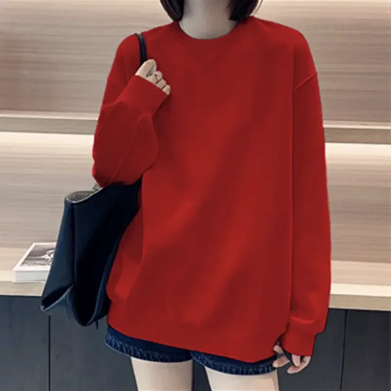 Women's Autumn Winter New Round Neck Pullover Commuter Fashion Solid Color Fleece Insulation Loose Versatile Long Sleeved Tops