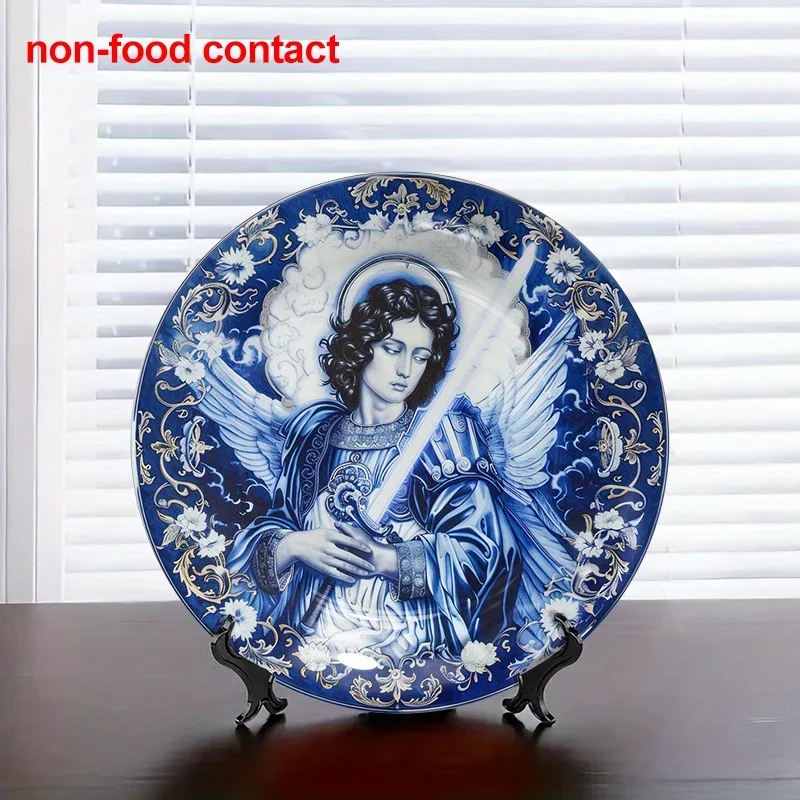 1pc Vintage Blue Angel with Sword Ceramic Wall Art Plate - Elegant Religious Decor, Non-Food Contact Decoration for Home,