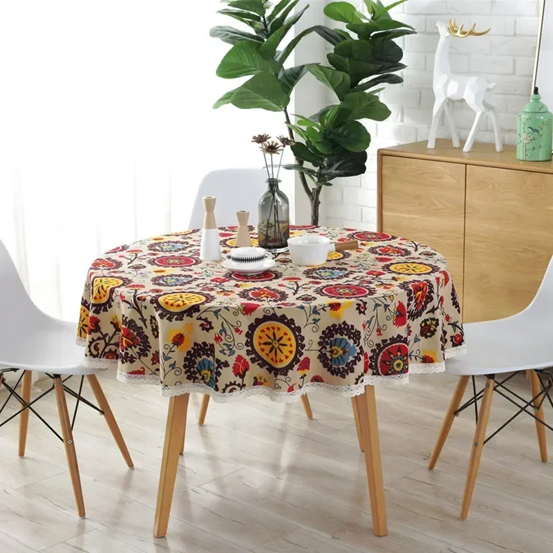 

Cotton Linen Pastoral Style Sun Flower Lace Round Tablecloth Coffte Table Round Table Cover Party Round Table Cloth Protector