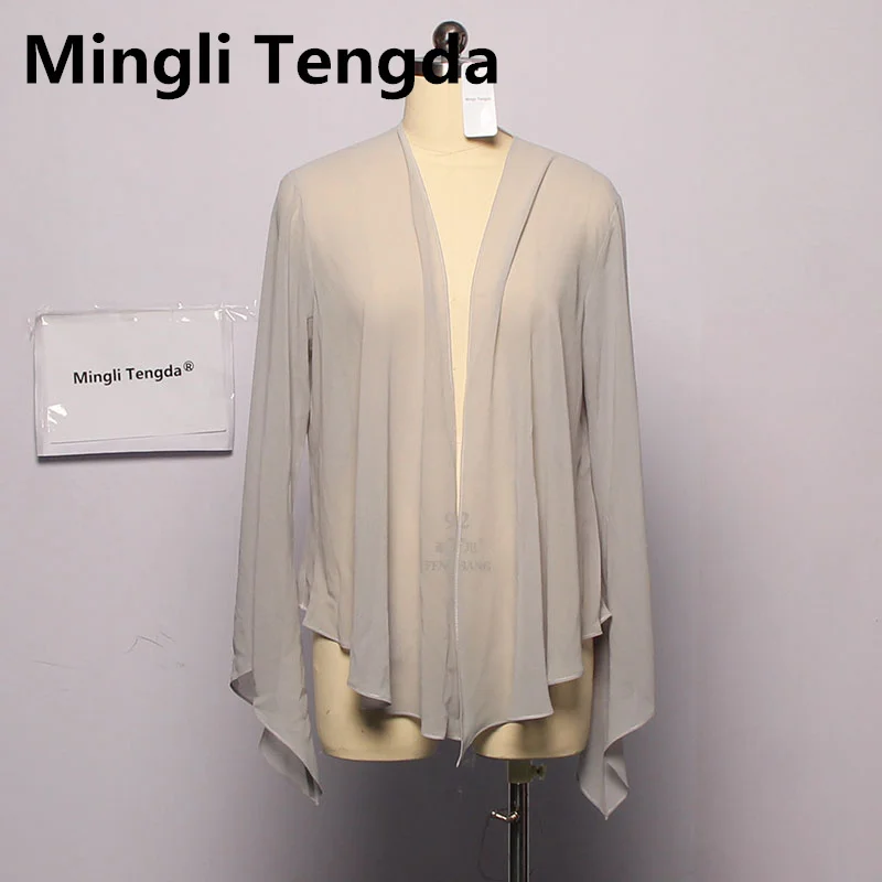 Mingli Tengda الفضة الشيفون طويل الأكمام شال العروس مخصص بوليرو اكسسوارات الزفاف Jaket المرأة معطف الرأس المرأة الرؤوس