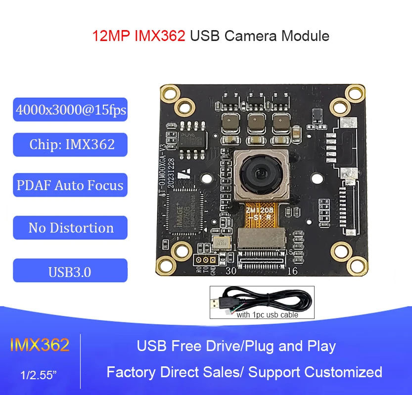 

4K 12MP IMX362 cmos USB3.0 Camera Module PDAF AF Auto Focus 15fps Webcam No Distortion UVC Free Drive 4000x3000 Face Recognition
