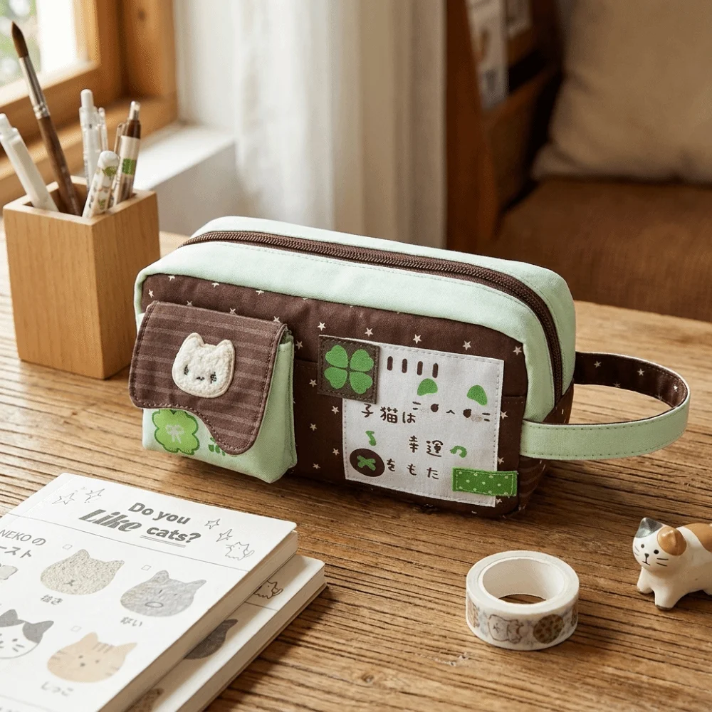 Canvas Cartoon Cat Print Pencil Case Large Capacity Zipper Pen Pouch Multi-Pocket Four-Leaf Clover Print Pencil Pouch Gift